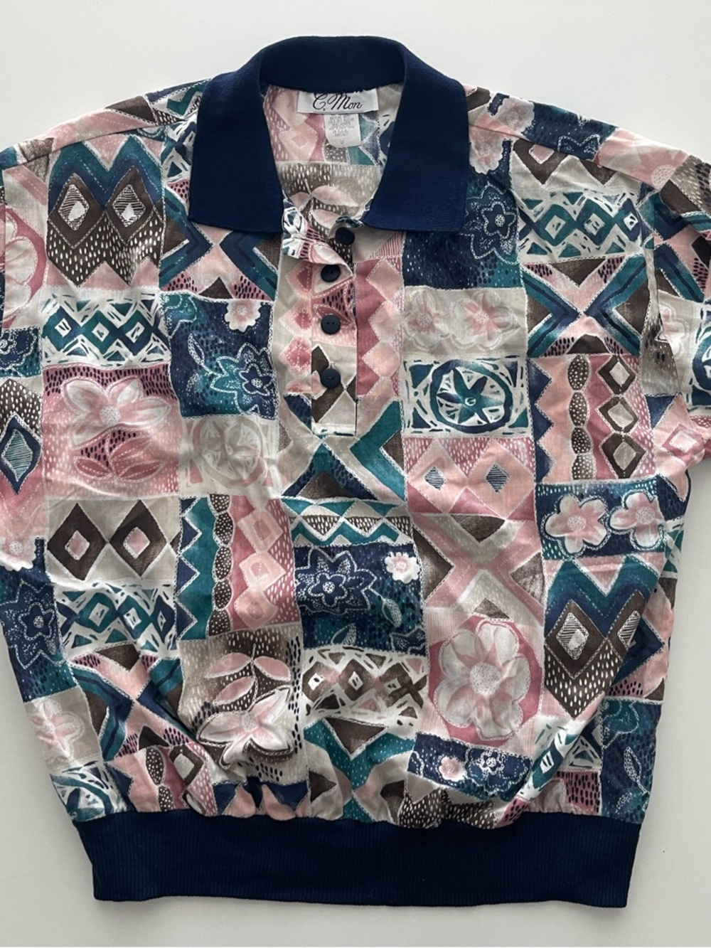Vintage C.Mon Geometric Floral Print Polo Shirt Size 12